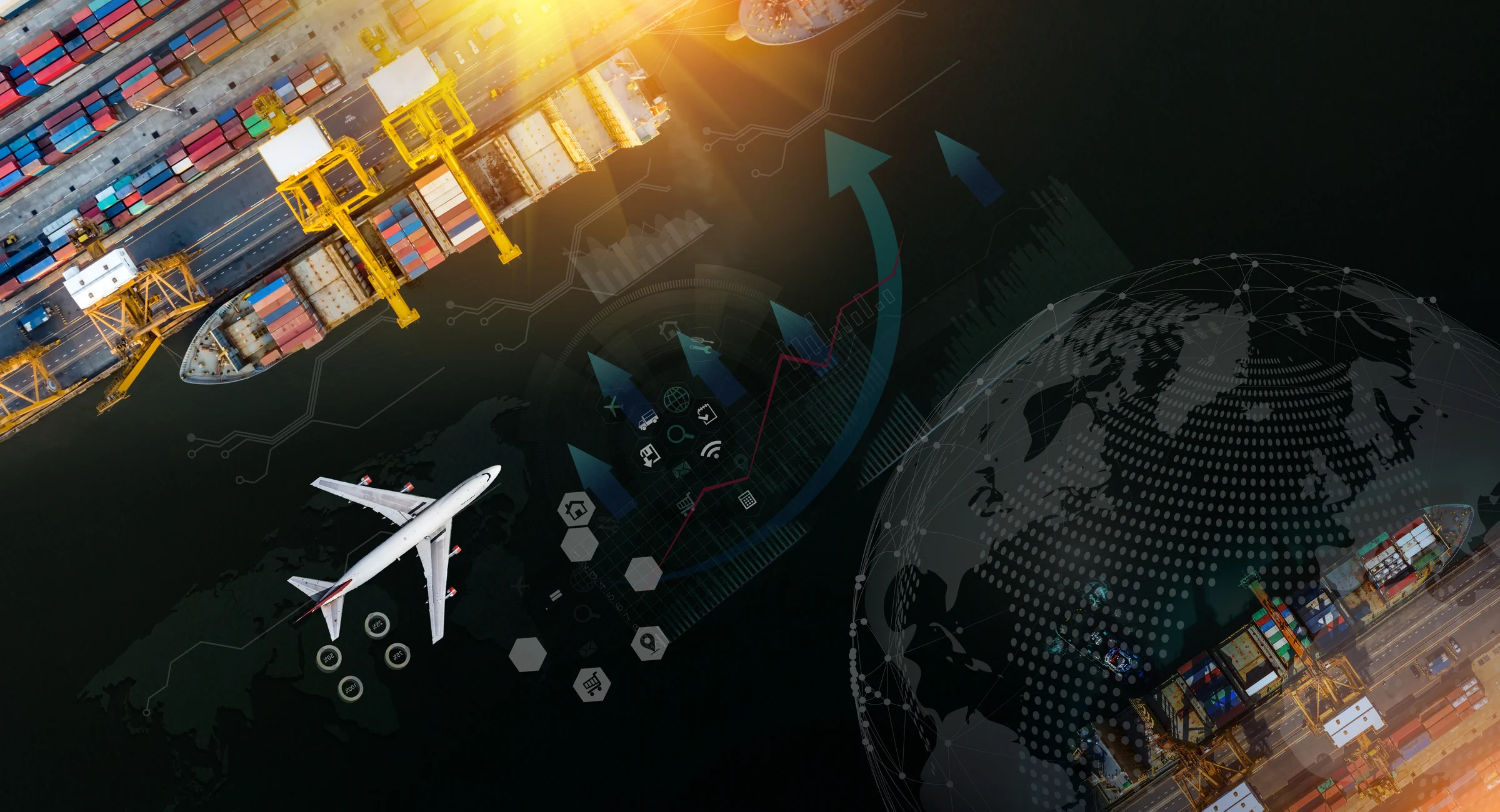 Aerial view and top view cargo plane flying above ship port coverage world map import-export business and logistics international goods. Shipping cargo to harbor by crane